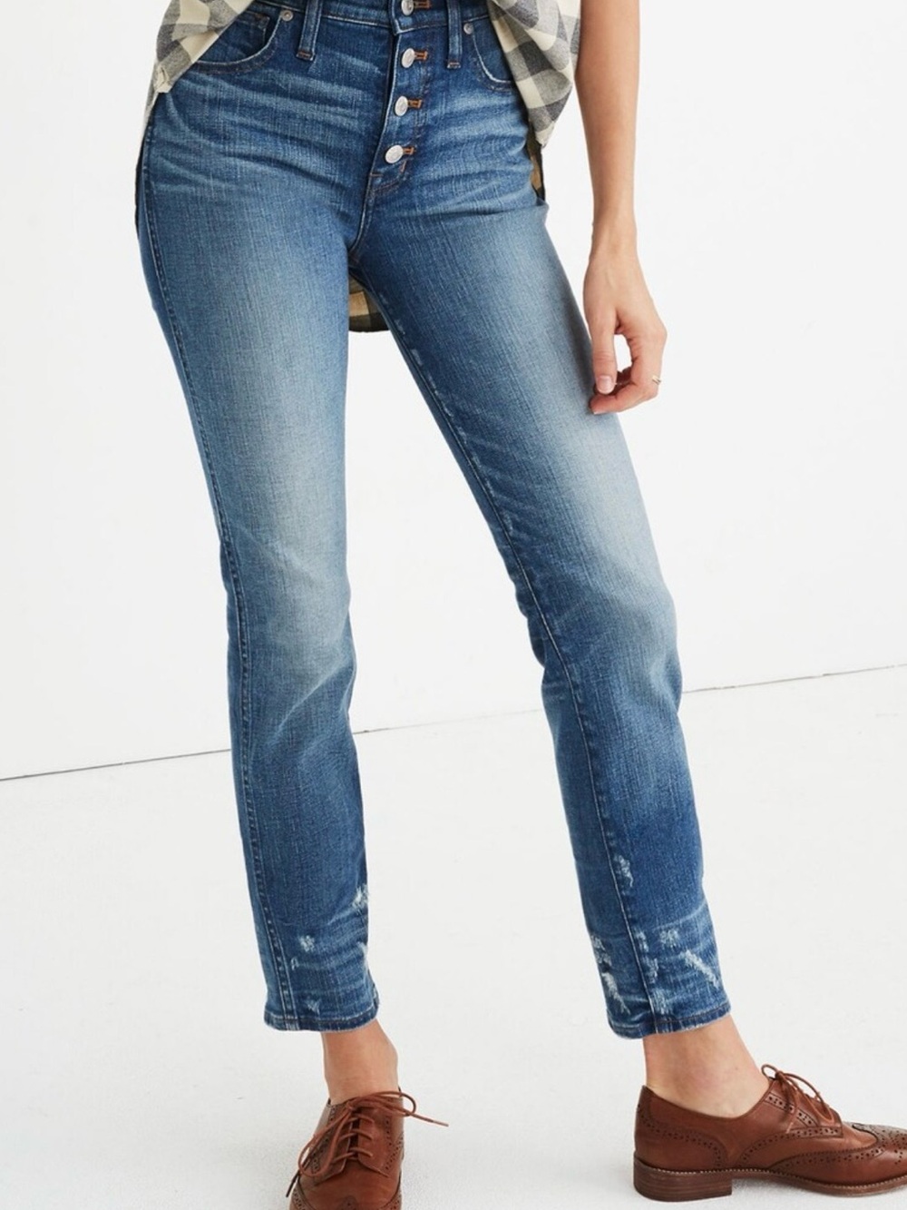 NWT Madewell Slim Straight Jeans Women's Size 36 Distressed Button Front Denim